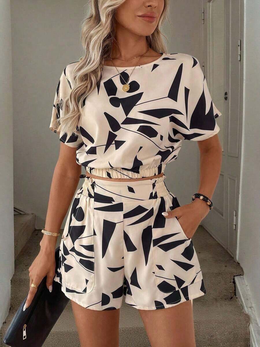 Camisa de mujer con hombros caídos, cintura ceñida y dobladillo, y shorts de mujer decorados con bolsillo, estampado floral, conjunto elegante casual de vacaciones - Multicolor 3 - Ver 1