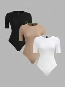 3 piezas Body ajustado de manga corta y cuello redondo de punto de unicolor para mujer - Caqui - Ver 1