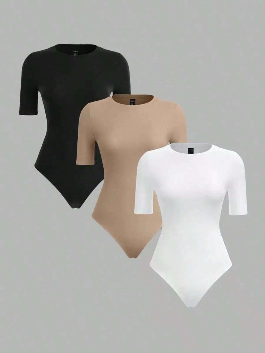 3 piezas Body ajustado de manga corta y cuello redondo de punto de unicolor para mujer - Caqui - Ver 1