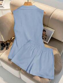 Conjunto de 2 piezas: Elegante chaleco sin mangas y pantalones cortos - Azul - Ver 2