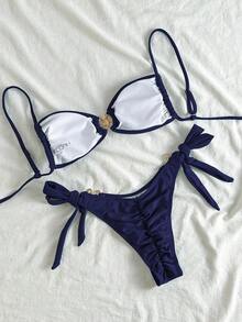 Swim Mod Conjunto de bikini sexy con decoración de estrella de mar metálica, unicolor, con lazos ajustables a los lados para mujer - Azul - Ver 3