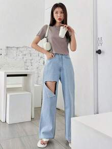 Camiseta de punto acanalado sólido, estilo "Old Money", Crop Tops, Ropa casual de negocios para mujer - Champán - Ver 2