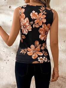 Camiseta de mujer con cuello de concha y estampado floral - Naranja - Ver 2