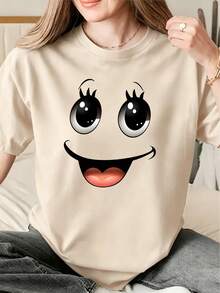 Camiseta informal de manga corta con cuello redondo y estampado de carita sonriente para mujer, de largo normal y corte ajustado, adecuada tanto para el día a día como para vacaciones. - Albaricoque - Ver 1