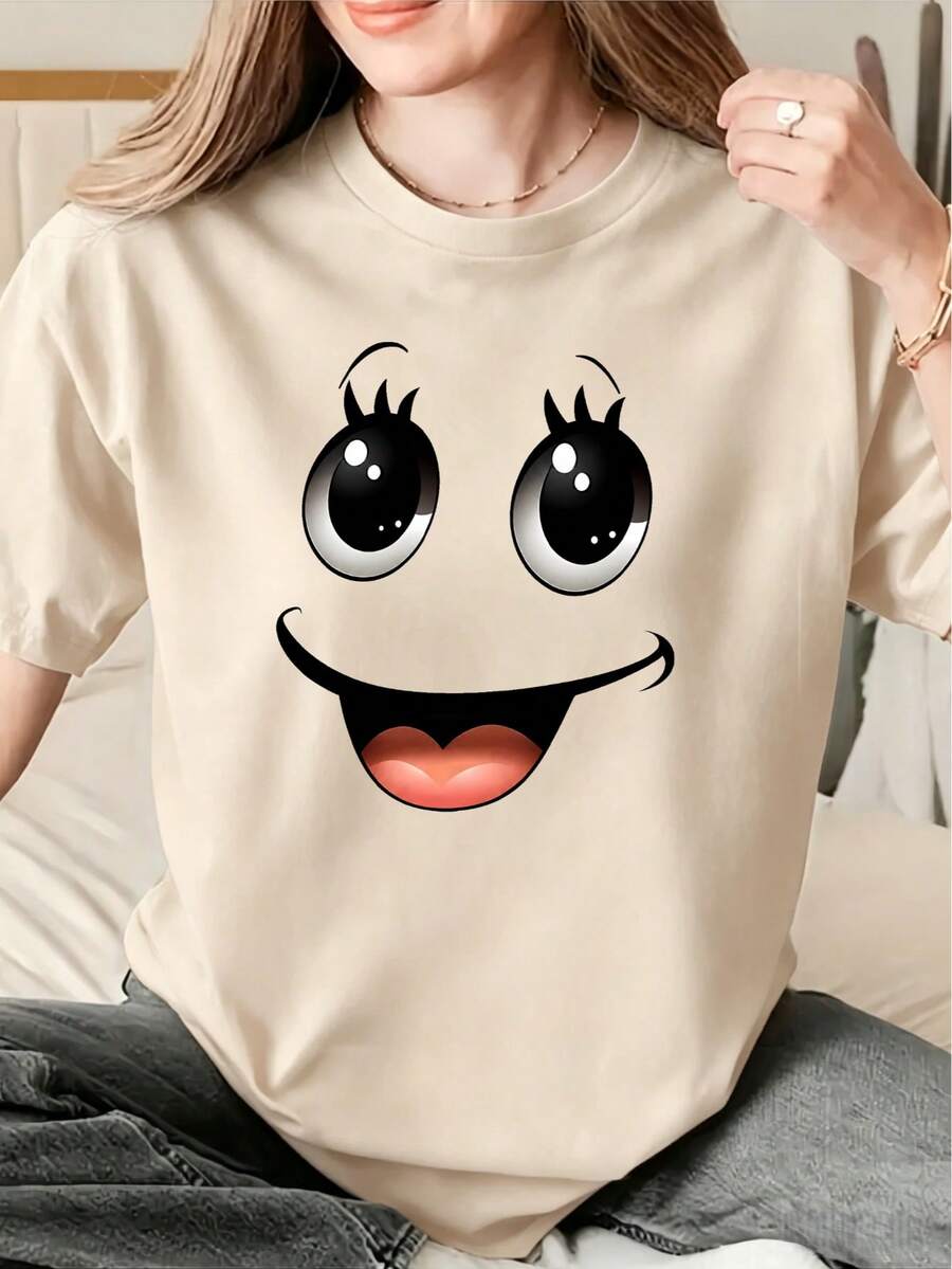 Camiseta informal de manga corta con cuello redondo y estampado de carita sonriente para mujer, de largo normal y corte ajustado, adecuada tanto para el día a día como para vacaciones. - Albaricoque - Ver 1