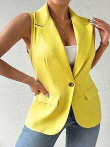 informal sin mangas con cuello francés y botones de unicolor para mujer de talla grande - Amarillo - Ver 5