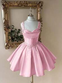 Vestido elegante, lujoso y noble de estilo palaciego con hombros abiertos, escote corazón sin tirantes, silueta de sirena, decoración de perlas falsas y bajo acampanado, adecuado para despedida de soltera, boda, graduación, vacaciones y fiesta de - Rosa - Ver 8