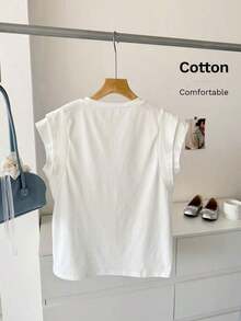Camiseta de algodón casual de cuello redondo de doble capa con hombros anchos y sin mangas para mujeres, adecuada para uso casual diario, blanco para verano, parte superior de trabajo para verano - Blanco 4 - Ver 2