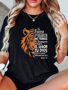 Camiseta casual de mujer con estampado de letras en inglés, cuello redondo, manga corta suave, lavable a máquina, elección perfecta para el verano. Entrega desde almacén local. Comodidad de algodón suave. Disfruta de descuentos especiales. Adecuada para Pascua, Halloween, Día de Acción de Gracias, Navidad, etc. - Negro - Ver 6