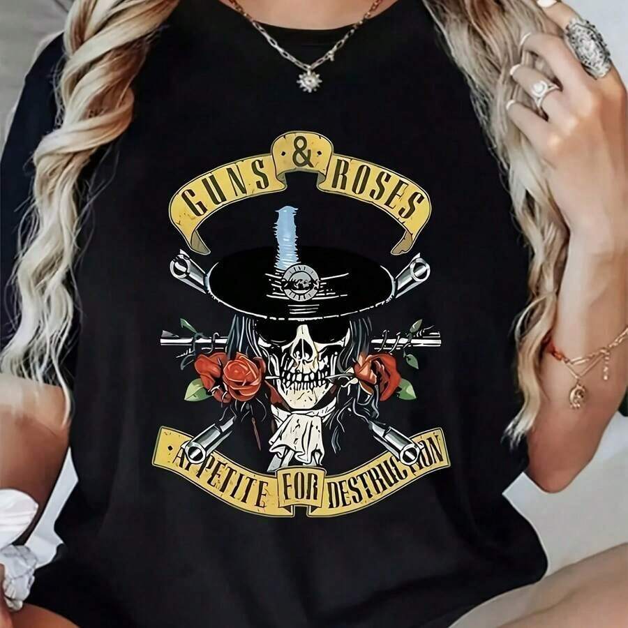 Women's T-Shirt With GUNS AND ROSES Print - Casual Round Neck, Comfortable For All Seasons, Breathable And Does Not Cause Sweating, Soft And Smooth, High Quality Texture, Suitable For Sports And Fitness, Daily Wear, Vacation, Office, School, Parties And Other Various Occasions. - Black - View 1