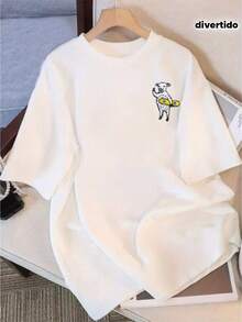 Women's Short Sleeve T-Shirt With Fun Dog And Honey Print - Loose Crew Neck, Soft And Breathable Texture, Machine Washable, Ideal For Casual Wear In All Seasons - [白色的] - 查看 2