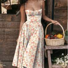 Women's Beige Corset Spaghetti Strap Midi Dress, Sweetheart Neck A-Line Flare Dress, Elegant Bridesmaid & Wedding Guest Dress - 24586-紅色碎花 - 查看 4