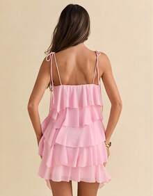 Women's Short Dress With Layered Ruffles, Thin Straps, V-Neck, Summer Fashion - Rosa Claro - View 5