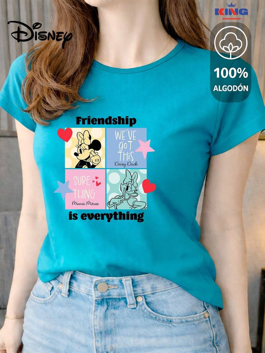 Women's T-Shirt Made Of 100% High-Quality Cotton. This T-Shirt Guarantees Exceptional Softness To The Touch, A Round Neck With A "Disney Minnie & Daisy Friendship" Print, And Short Sleeves. - 綠松石 - 查看 1