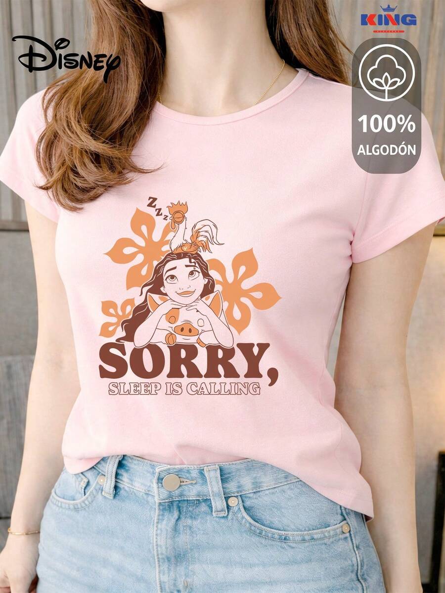 This High-Quality 100% Cotton T-Shirt Guarantees Exceptional Softness To The Touch, A Round Neck With A "Disney Moana Sleep Is Calling" Print, And Short Sleeves. - 粉色 - 查看 1