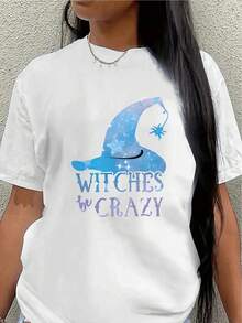 Lightweight T-Shirt With A Witch Hat Design And A Fun "Witch Madness" Print, Perfect For Halloween Parties, Casual Outings, Or Costume Parties, Offering A Comfortable Fit For Adults. Women's Blouses > Clothing - 白色 - 查看 1