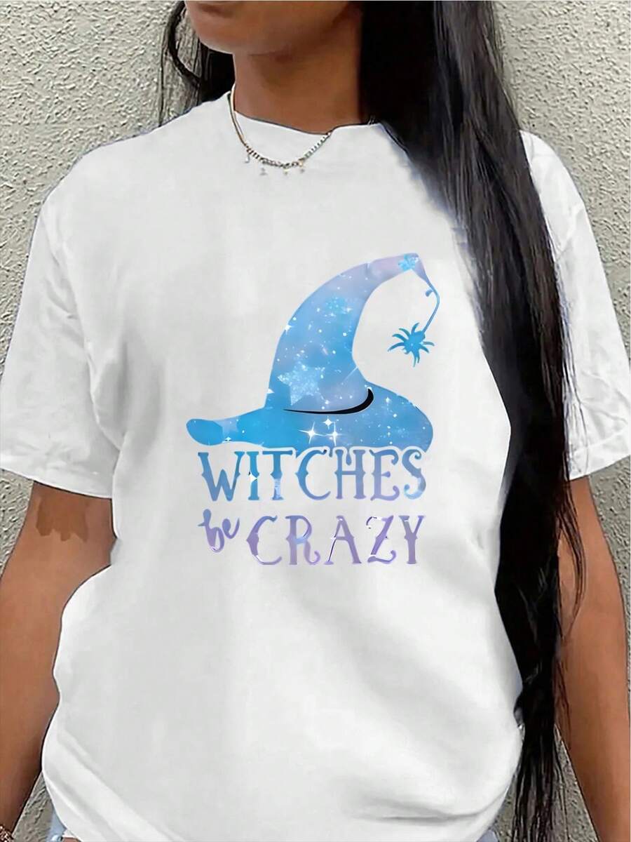 Lightweight T-Shirt With A Witch Hat Design And A Fun "Witch Madness" Print, Perfect For Halloween Parties, Casual Outings, Or Costume Parties, Offering A Comfortable Fit For Adults. Women's Blouses > Clothing - 白色 - 查看 1