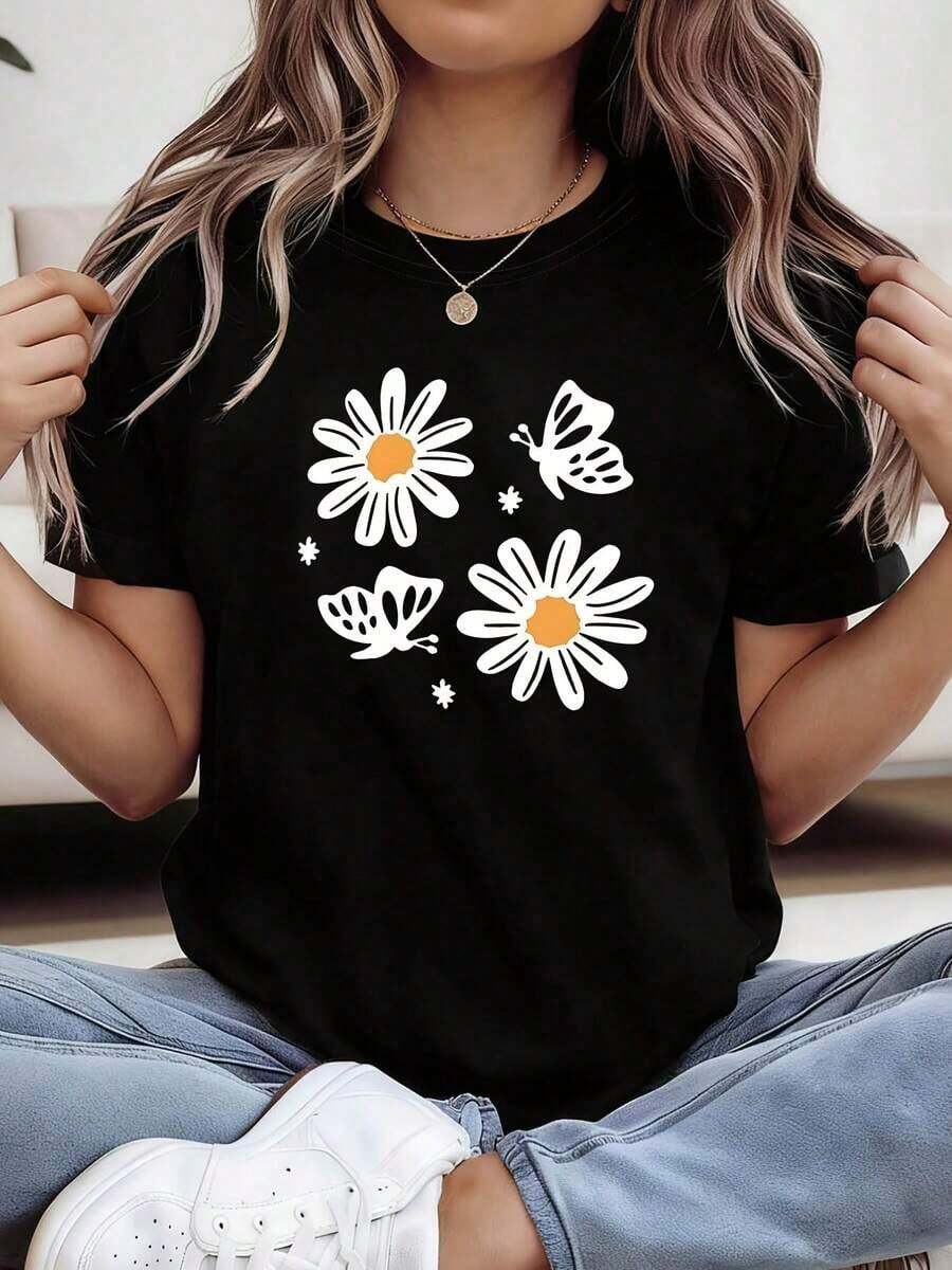 Plus Size Women's T-Shirt - Plus Size Women's T-Shirt With Floral Butterfly Graphic, Short Sleeves And Round Neck, Perfect For Casual Wear In Spring And Summer. - 黑色 - 查看 1