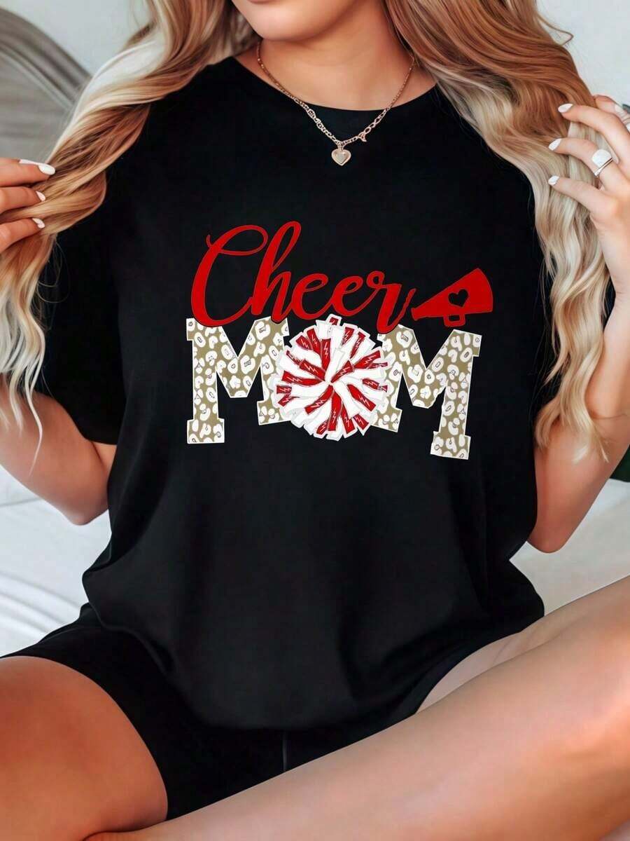 Camiseta de Mujer Casual de Corte Holgado, Opciones en Blanco y Negro, Estampado Gráfico 'Cheer Mom Peppermint', Camisetas de Verano para Mujer, Tops de Verano, Camisetas Gráficas, Conjuntos de Verano para Mujer, Camisetas Cortas para Mujer, Camisetas Vintage de Algodón, Ropa Linda para Mujer, Playera Holgada para Mujer - Negro - Ver 1
