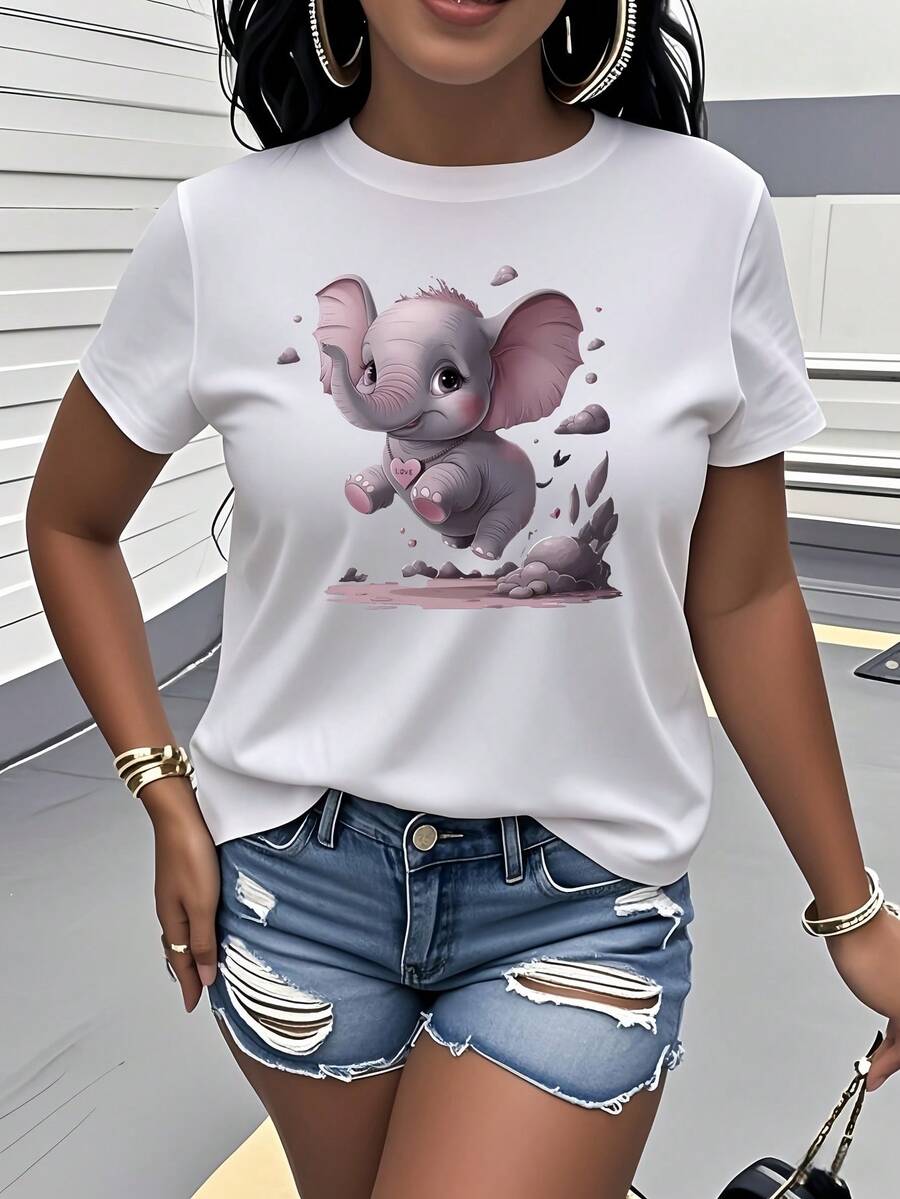 Vintage, Retro, Y2K - Women's Pure Cotton T-Shirt, Casual Short Sleeve Crew Neck Tee - Fun Flying Elephant Print, Soft And Breathable Fabric, Loose Fit, Machine Washable, Comfortable For All Seasons, Summer Top, Anime Themed Clothing, Lightweight T-Shirt, Everyday Wear, Anime Style, Printed Design, Must-Have For Anime Fans - Maternity, Summer, Winter - 白色 - 查看 1