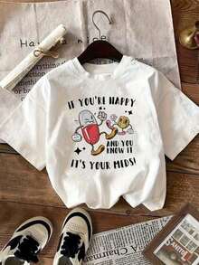 Women's Short Sleeve T-Shirt With Round Neck And Print. If You're Happy And You Know It, It's Your Message. Sizes S-3XL. Fashionable, Comfortable And Breathable. Machine Washable. - White - View 1