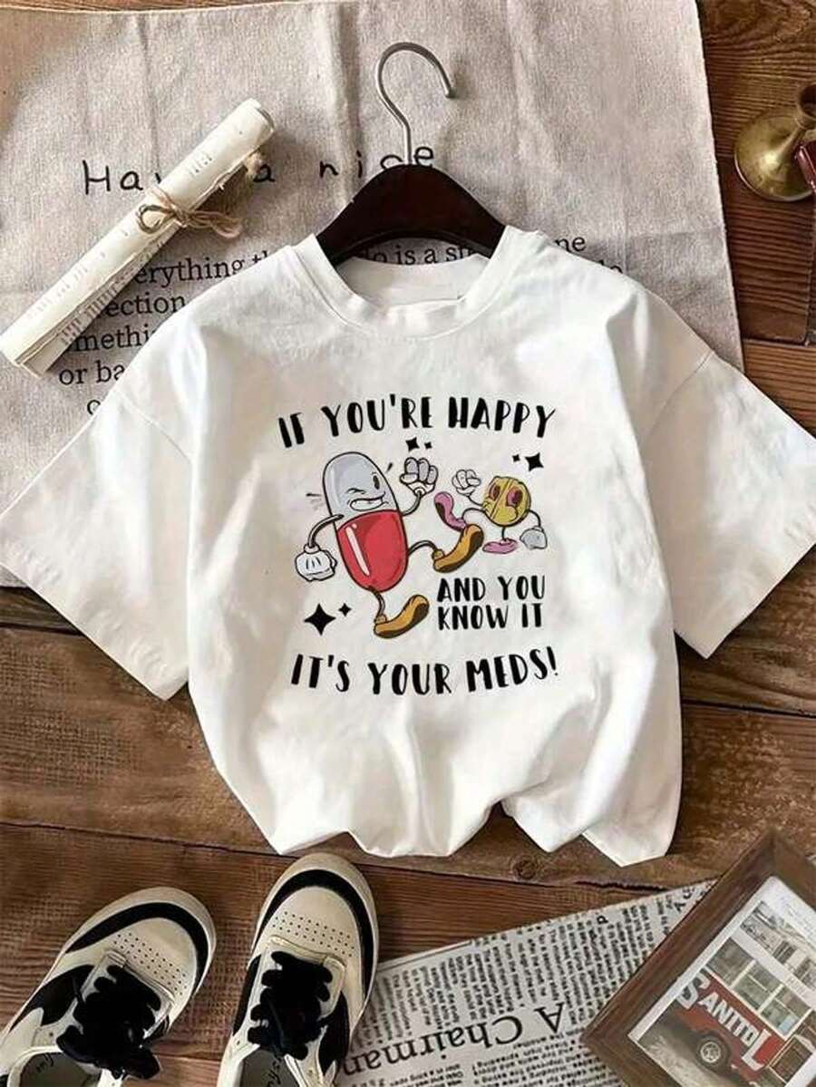 Women's Short Sleeve T-Shirt With Round Neck And Print. If You're Happy And You Know It, It's Your Message. Sizes S-3XL. Fashionable, Comfortable And Breathable. Machine Washable. - White - View 1