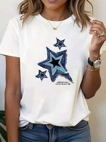 Camiseta Casual de Manga Corta para Mujer con Estampado de Estrellas Azules |   Cuello Redondo, Tela de Alta Elasticidad, Corte Regular, Ideal Para Primavera/Verano/Otoñoblusas para mujer>ropa - Blanco - Ver 1