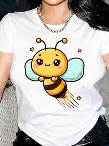 Women's Casual Short Sleeve T-Shirt With Round Neck And Cute Bee Print With Wings And Stars, Sizes S-3XL. Fashionable, Comfortable, And Breathable. Machine Washable. - 白色 - 查看 1