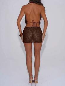 Sequin Sheer Mesh 2 Piece Set  Cowl Neck Halter Crop Top  High Waist Ruched Skirt - Dark Brown - View 4
