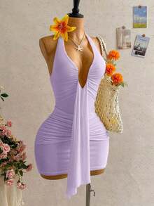 Vestido mini con estampado floral, diseño de lazo y escote halter, para vacaciones - Morado - Ver 8