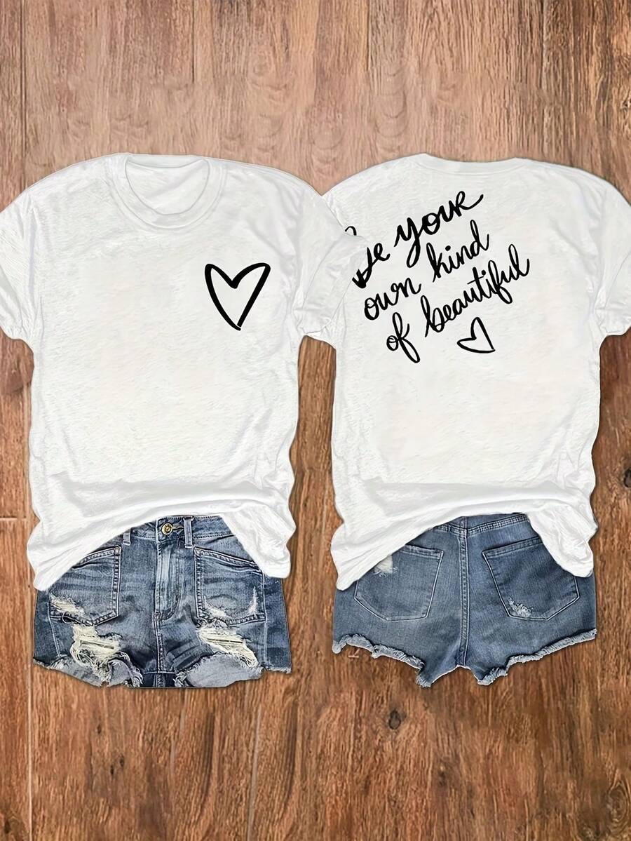 Women's T-Shirt With "Be Your Own Kind Of Beautiful" Print On The Front And Back, Casual Short Sleeve Top, Women's Clothing - 白色 - 查看 1