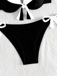 Conjunto de bikini de dos piezas de cobertura completa con aros de realce, liso, para playa de verano - Blanco y Negro - Ver 5
