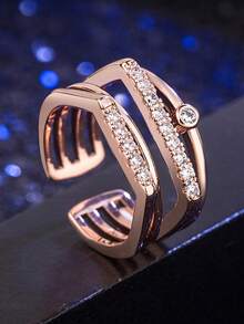 Geometric Multi-Layer Open Ring, Sparkling Zirconia Rose Gold Band, Adjustable Stackable Statement Jewelry For Daily & Occasions - Multicolor - View 11
