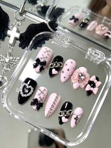 10pcs Hot-Selling Handmade Press-On Nails, Gothic Y2K Sweet & Spicy Style Long Almond-Shaped Fake Nails, Pink & Black Base, 3D Bow, Cross Pendant, Chunky Metal Chain, Heart Rhinestone & Pink Organza Flower Decor, Alternative Girl Nail Art Set, Includes Jelly Glue And Nail File - Follow Your Heart - View 3