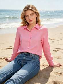 Women's Cotton Linen Blouse With Long Sleeves, Plus Size - Pink 1 - View 4