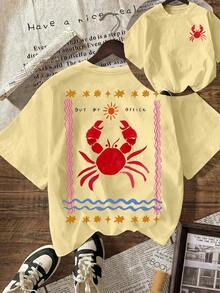 "Out Of Office Crab" Print T-Shirt, Women's Casual Short Sleeve Crew Neck T-Shirt, Summer Beach Vacation Outfit. - 淺黃色 - 查看 6
