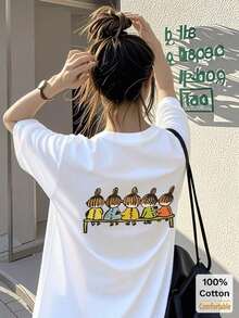 Camiseta de manga corta con estampado de dibujos animados, de longitud media, top casual de moda para mujer, estilo veraniego blanco. - Blanco - Ver 8