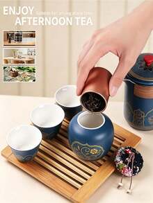 6件組便攜式中式功夫茶具組，陶瓷茶壺附3個茶杯與茶罐，復古壓紋木製隔熱手把，附收納袋，適合媽媽與茶愛好者的中性茶禮，適用露營、辦公室、居家、戶外茶道裝飾托盤 - 彩色 - 查看 3