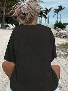 Women's Summer T-Shirt, Casual Style, Loose And Oversized Fit, With Circular Line And Color Block Print. Women's Summer Clothing: Retro Style Printed T-Shirts, Perfect For Graduation Season, Party Days, And June Festivals. Free Shipping. Fashion - 黑色 - 查看 2