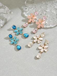 1 Pair Women's Fashionable Floral Crystal Embellished Long Earrings, Suitable For Summer Vacation Wear - Multicolor - View 3