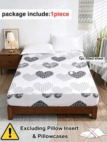 1pc Black & White Leopard Print Heart Pattern Fitted Sheet, Minimalist Modern Style Polyester Fitted Sheet, Suitable For All Seasons, Soft & Breathable, Machine Washable, Deep Pocket - Black and White - View 4