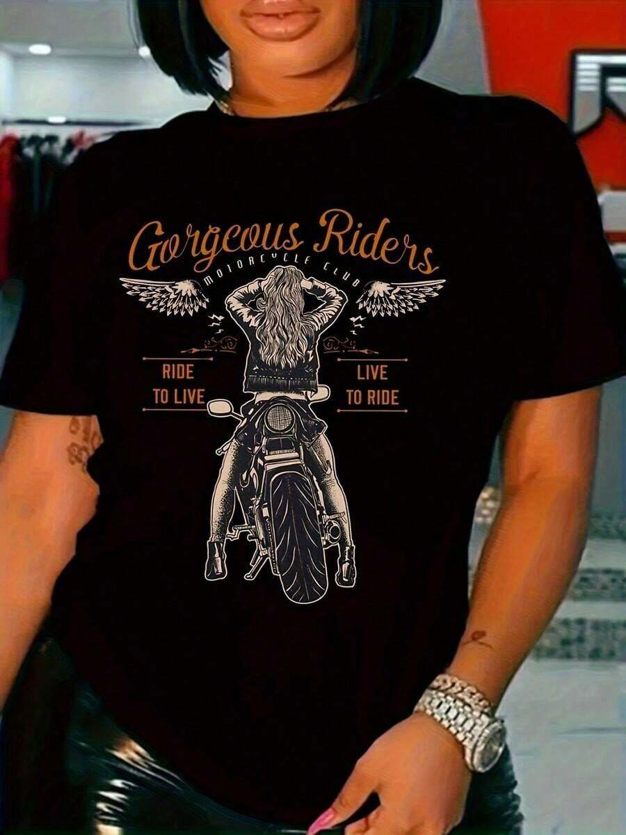 Camiseta de manga corta con cuello redondo para mujer, diseño estampado de motocicleta, lavable a máquina, adecuada para todas las estaciones, perfecta para regalar a amigos. - Negro - Ver 1
