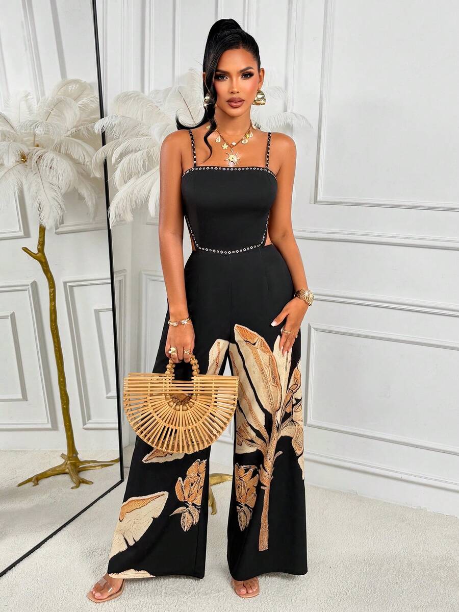 AIJ Bộ jumpsuit dài không tay dây mảnh dành cho nữ, có chi tiết xoắn ở lưng và họa tiết cây nhiệt đới, chất liệu vải dệt, thích hợp cho những dịp trang trọng. - màu đen - Xem 1