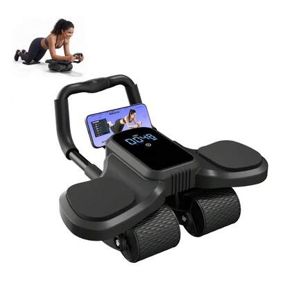 Rueda de Ejercicio de Cuatro Ruedas con Retorno Automático para Abdominales y Brazos con Resistencia Ajustable y Pantalla LCD para Monitorear Calorías Ideal para Entrenamiento en Casa Cómodo y Silencioso