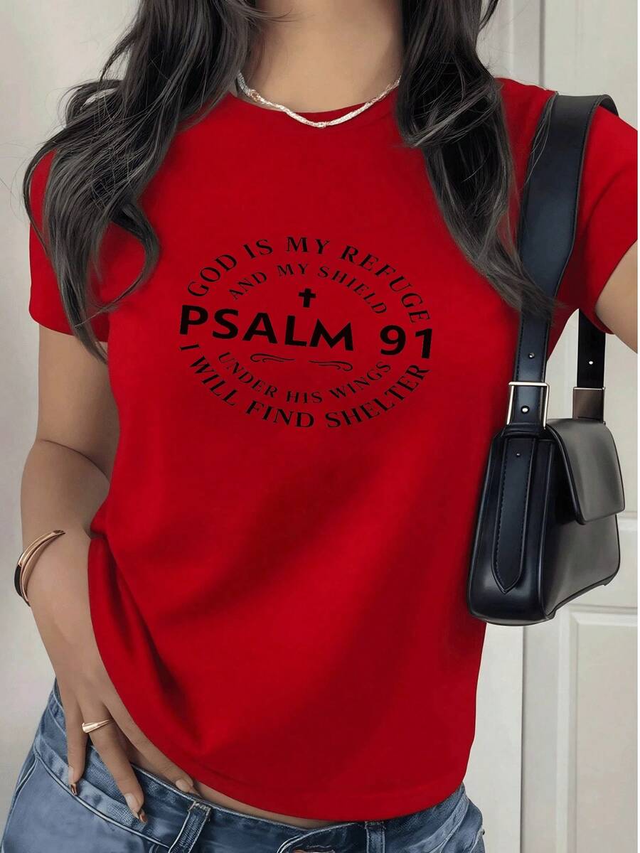 Fashionable Women's T-Shirt, Women's T-Shirt With Letter And Cross Print, Modern Design, Casual Cut, 180g, Ideal For Everyday Wear. - 紅色 - 查看 1