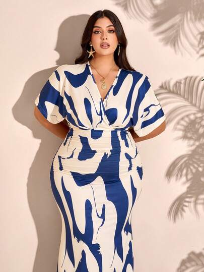 BIUBIU Summer New Fashion Elegant Plus Size Bohemian V-Neck Waist Ruched Bodycon Dress (Random Floral Pattern)