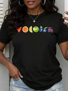 Women's Casual Fruit Print T-Shirt, Short Sleeve Top, Artistic Design, Summer Fashion - 黑色 - 查看 7