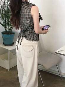Yorily 韓式復古格紋繫帶收腰襯衫，修身無袖上衣，夏季黑色休閒上衣 - 黑色 - 查看 2