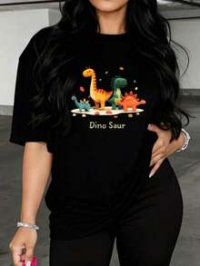Playera Holgada para Mujer con Estampado de Dinosaurios de Dibujos Animados, Transpirable - Negro - Ver 7