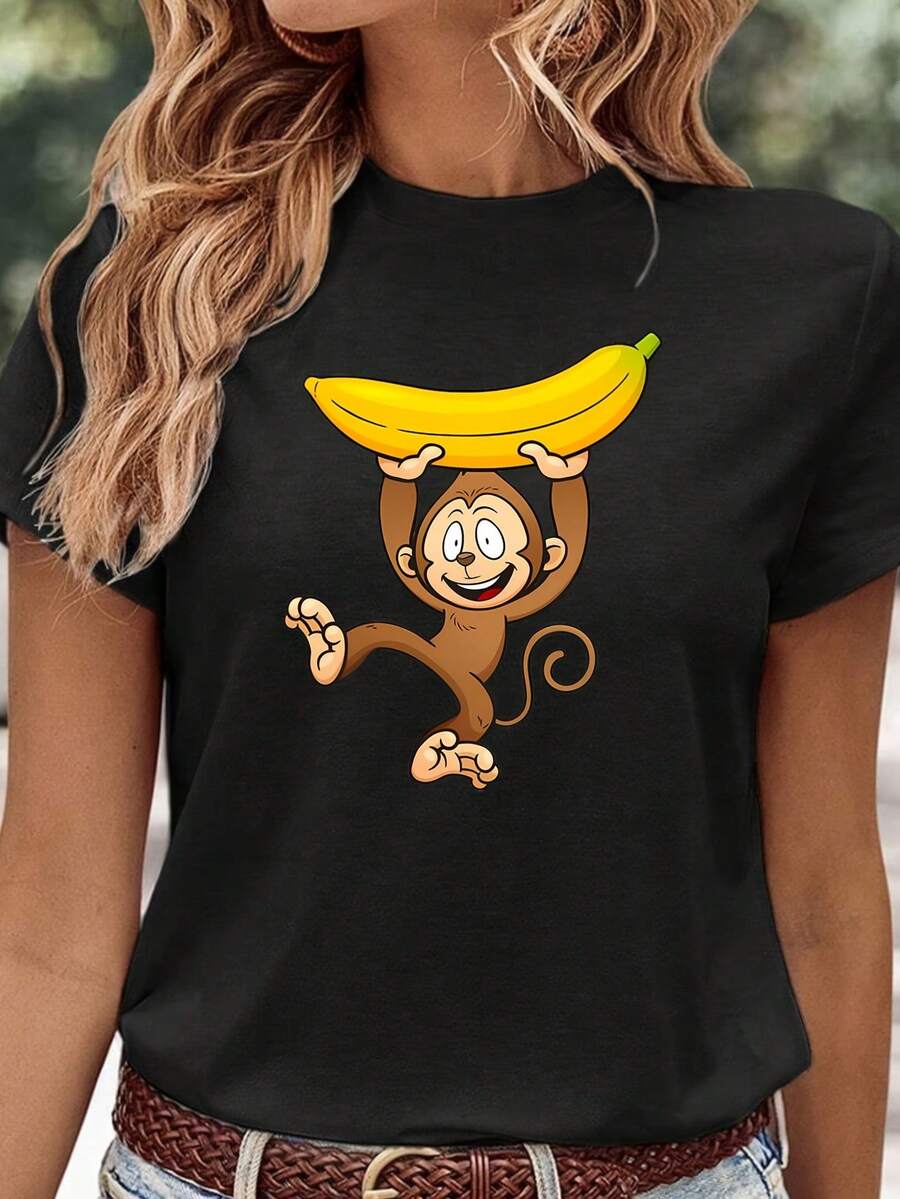 T-Shirt With Creative Print Of A Monkey Holding A Banana, Short Sleeve Round Neck T-Shirt For Women, Women's Clothing For Spring, Summer And Autumn, Elegant Party Outfit, T-Shirt For Elegant Ladies, Blouses Suitable For Curvy Women, Prom Skirts, Casual Wear, Adorable Animal Print, Fun Letter Print, Matchable With Street Fashion - 黑色 - 查看 1